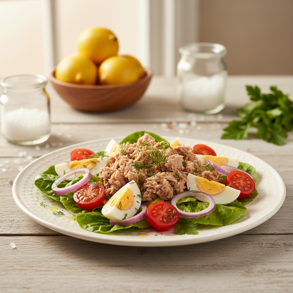 Savaitgalio pietums – tuno salotos su kiaušiniais ir pomidorais